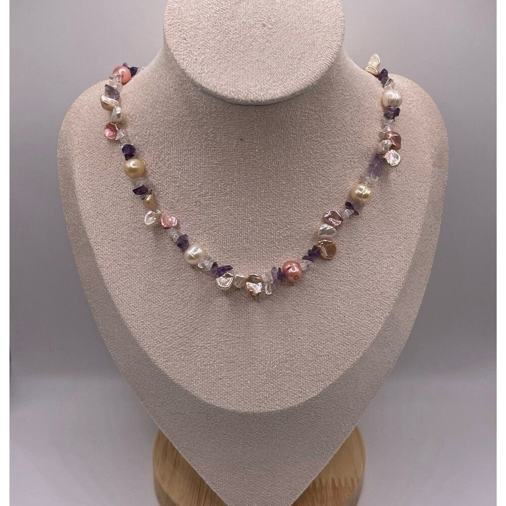 Saks Fifth Avenue Pink & Purple Florite Precious Stone Pearl Infinity Necklace